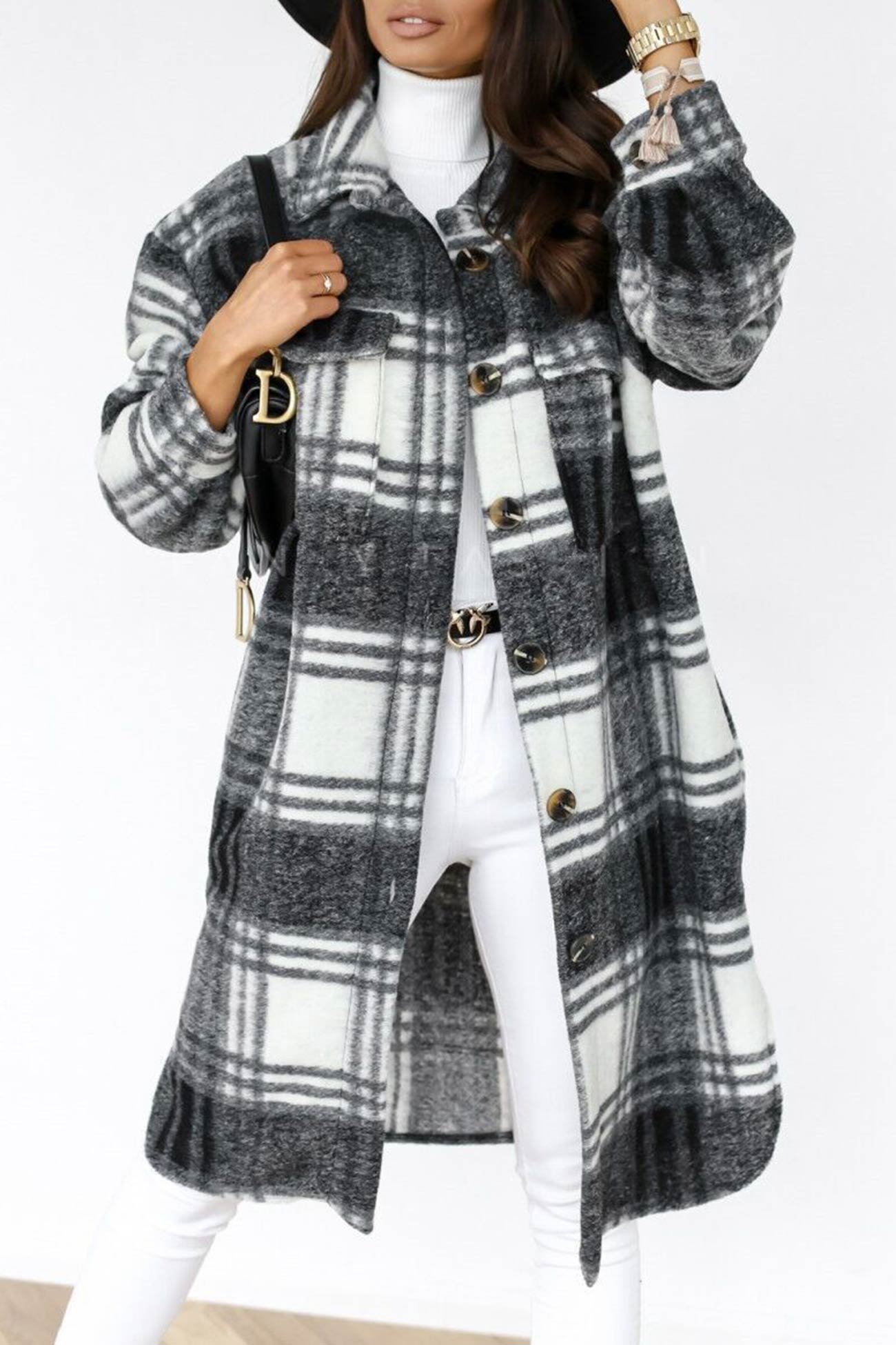 Women's plaid single-breasted midi shacket