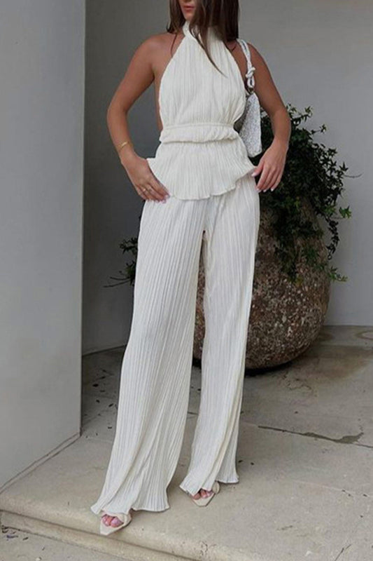 Pleated Halter Top and Long Pants Set