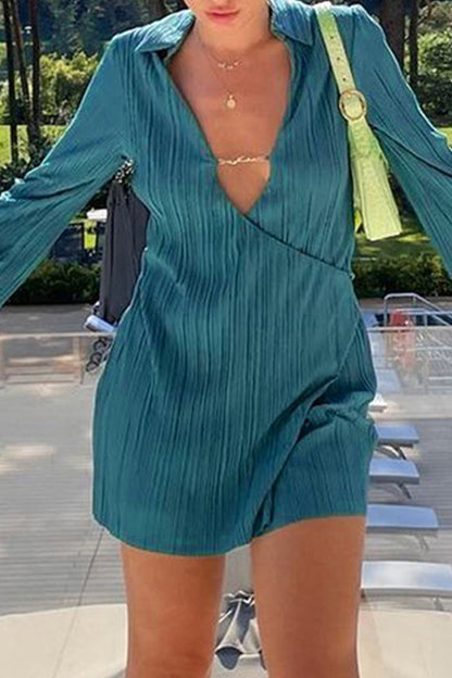 Women's Mini Dress - Pleated V-Neck - Long Sleeve Flowy A-Line Elegant Fit
