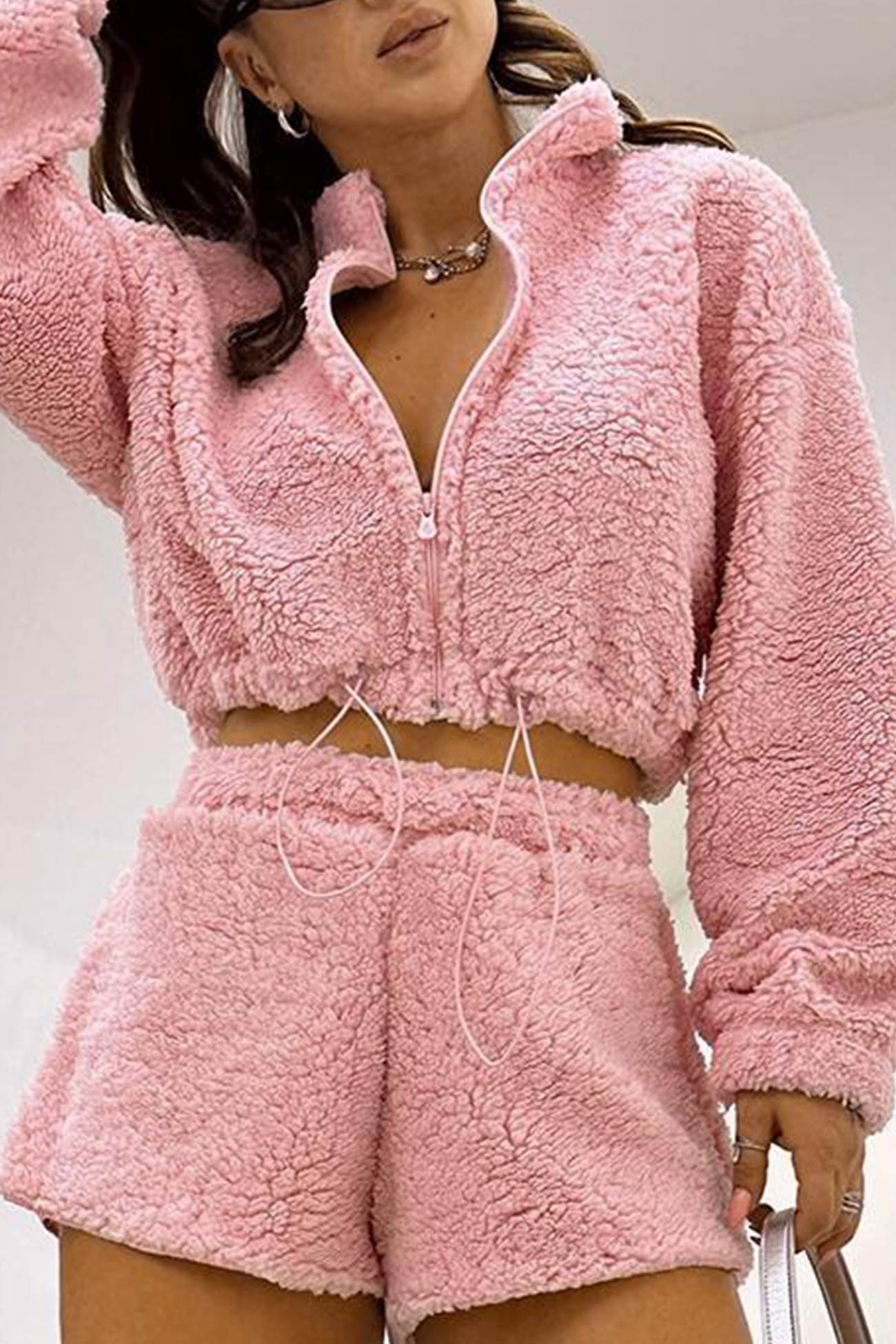 Women's plush drawstring crop hoodie and shorts set