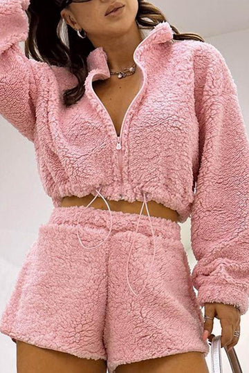 Women's plush drawstring crop hoodie and shorts set