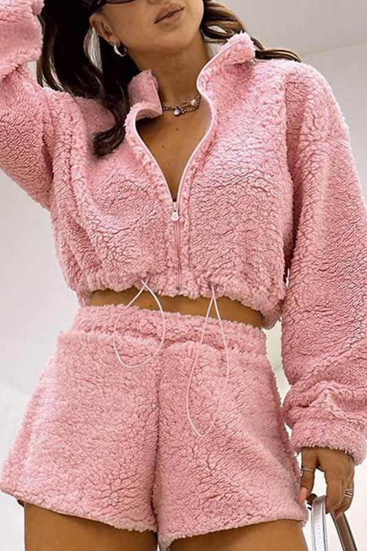 Plush Drawstring Crop Hoodie and Shorts Set