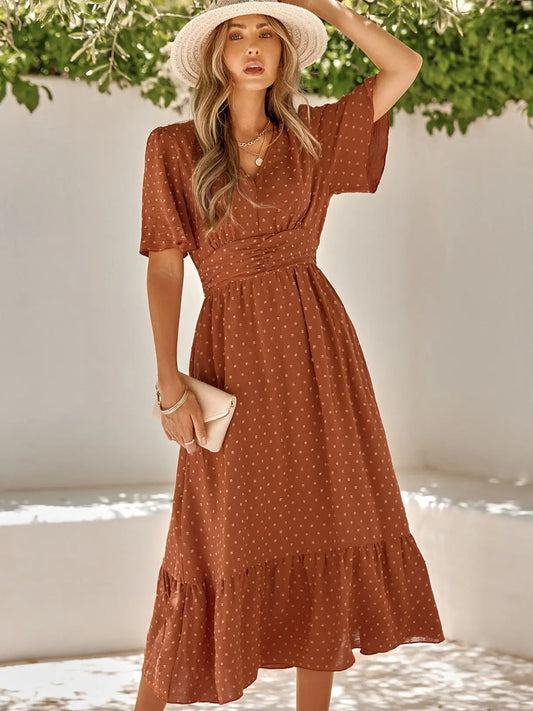 Ruffle Hem Flowy Fitted Midi Dress