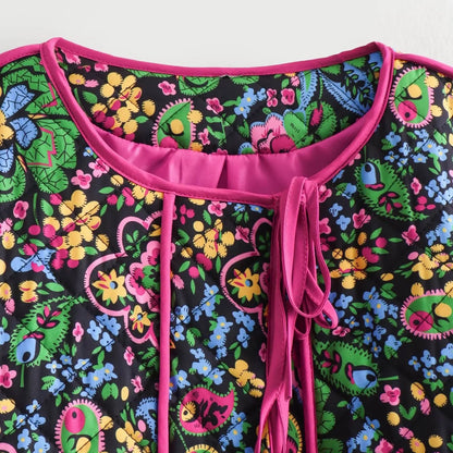 Women's floral print round neck lace jacket