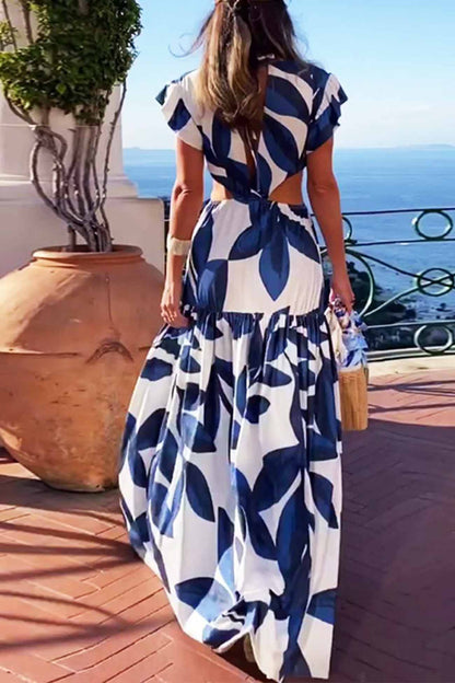 Women's Maxi Dress - V-Neckline - Ruffled Short Sleeves - Cut-Out Waist - Belted Flowing Fit