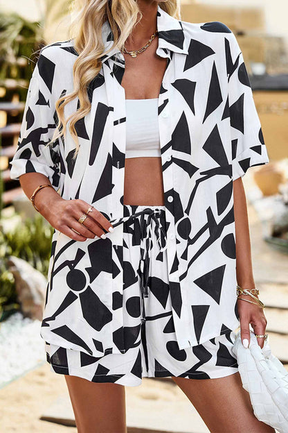 Lucille - geometry printed collar down shirt drawstring shorts set