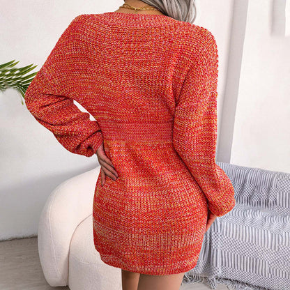 Women's Knitted Sweater Dress - V-Neck - Long Sleeve - Fitted Ribbed Design