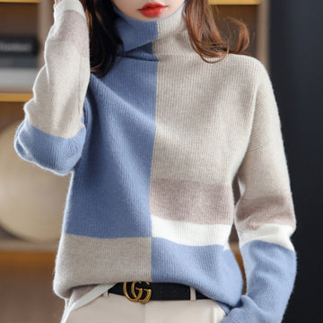 Women's color block high collar loose knitted sweater