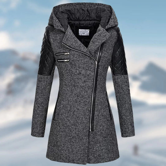 Diagonal Zipper Hooded Mid-Length Jacket