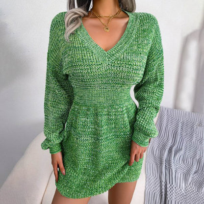 Women's Knitted Sweater Dress - V-Neck - Long Sleeve - Fitted Ribbed Design