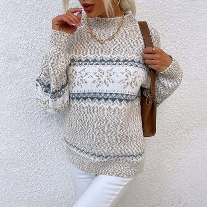Women’s Pullover Sweatshirt – Relaxed Fit – Wool Knitted – Nordic Pattern – Ribbed Hem