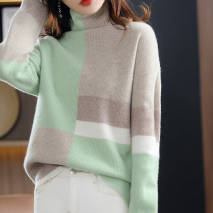 Women's color block high collar loose knitted sweater