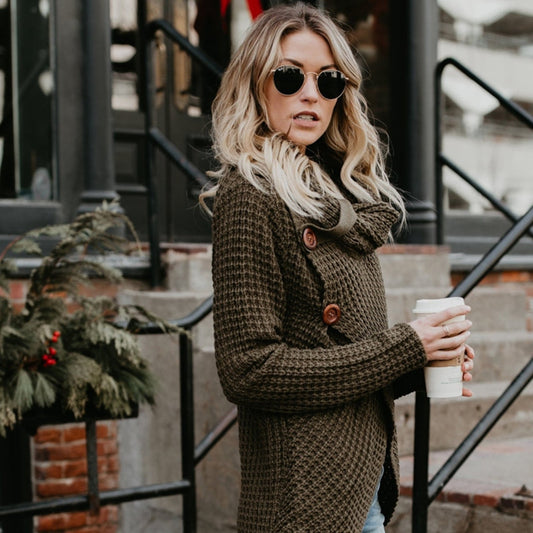 Knit Button Long Sleeve High Lapel Sweater