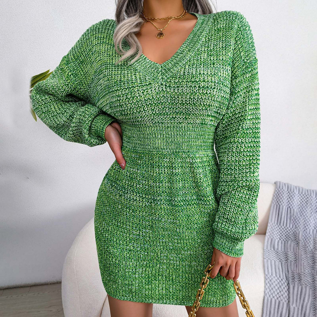 Fitted Ribbed V-Neck Knitted Sweater Dress