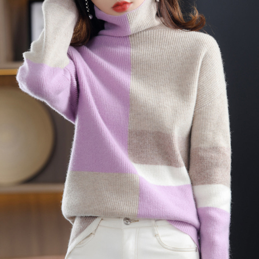 Women's color block high collar loose knitted sweater