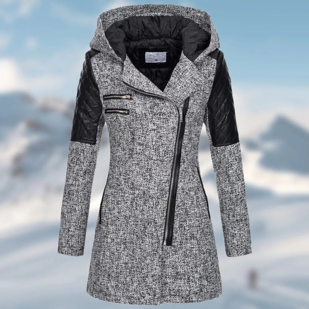 Women's windbreaker hooded coat with diagonal zip