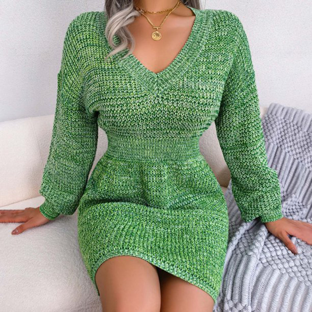 Fitted Ribbed V-Neck Knitted Sweater Dress