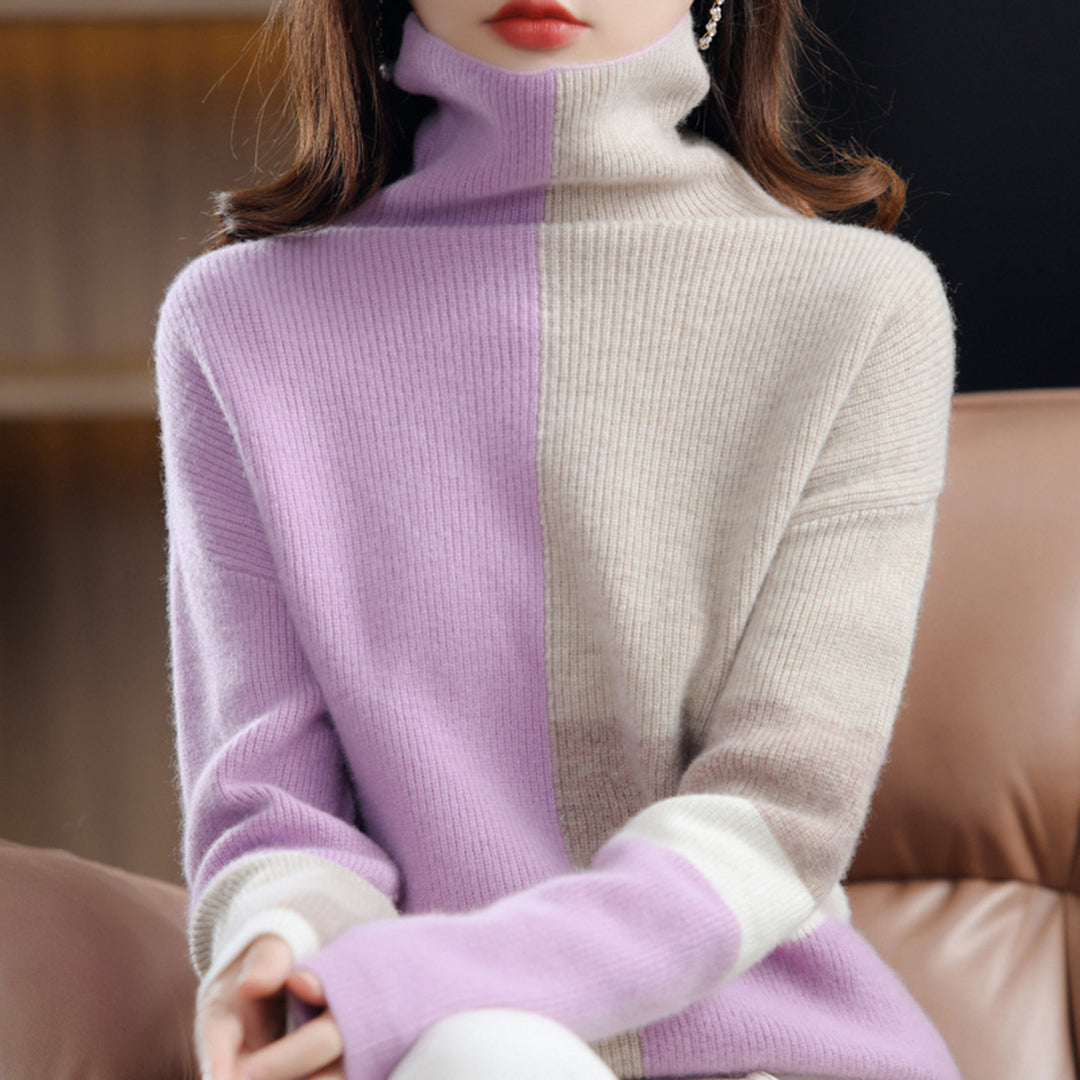 Women's color block high collar loose knitted sweater