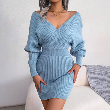 Women's autumn winter cross v-neck bat skirt sweater dress