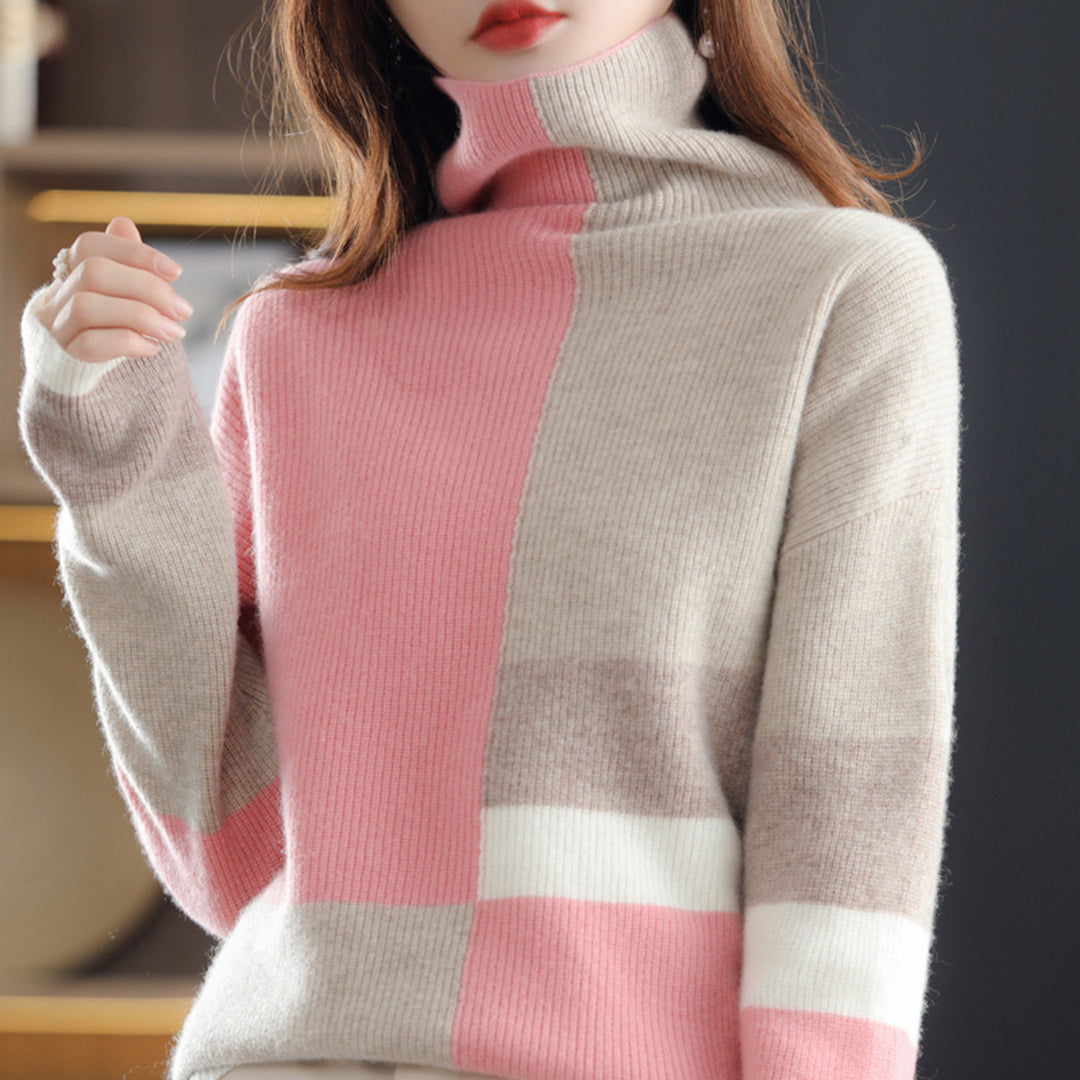 Women's color block high collar loose knitted sweater