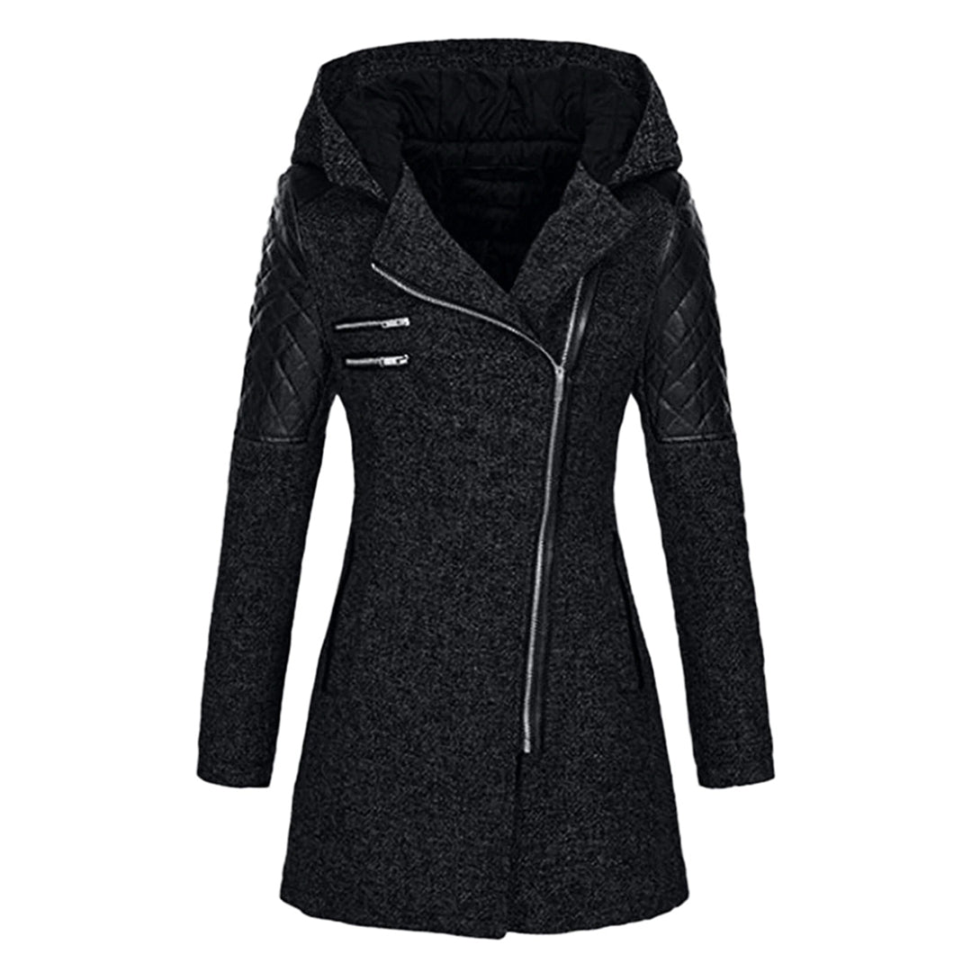 Winter mid-length hooded thick coat for women with oblique zipper
