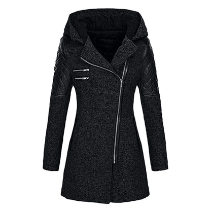 Winter mid-length hooded thick coat for women with oblique zipper