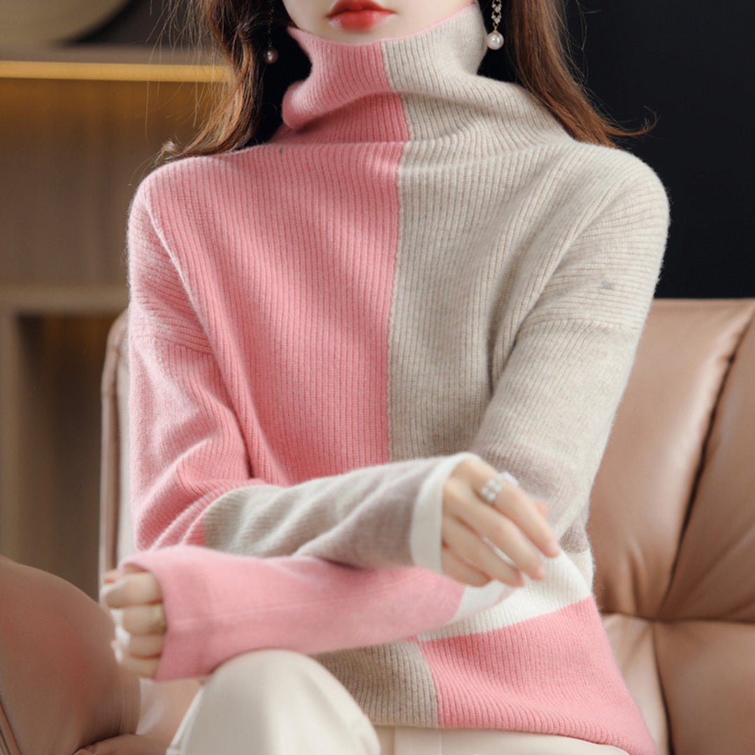 Women's color block high collar loose knitted sweater