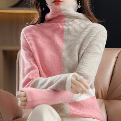 Women's color block high collar loose knitted sweater