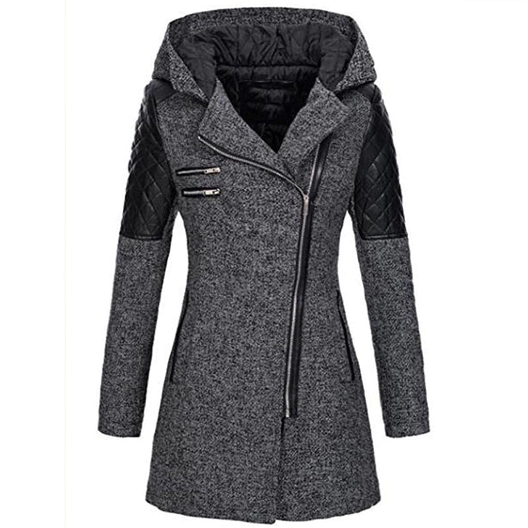 Winter mid-length hooded thick coat for women with oblique zipper