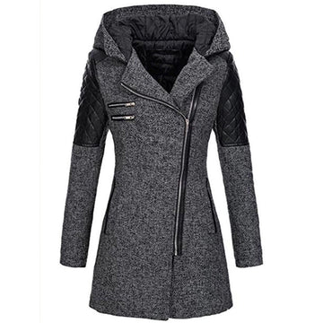 Winter mid-length hooded thick coat for women with oblique zipper
