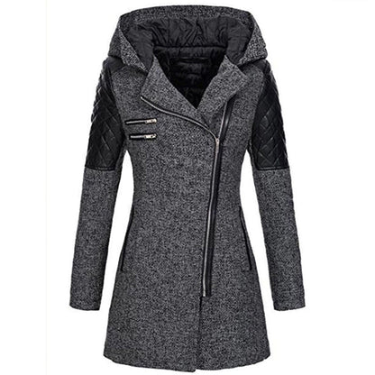 Winter mid-length hooded thick coat for women with oblique zipper