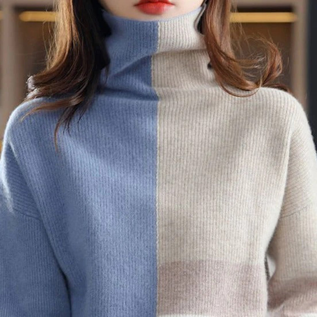 Women's color block high collar loose knitted sweater