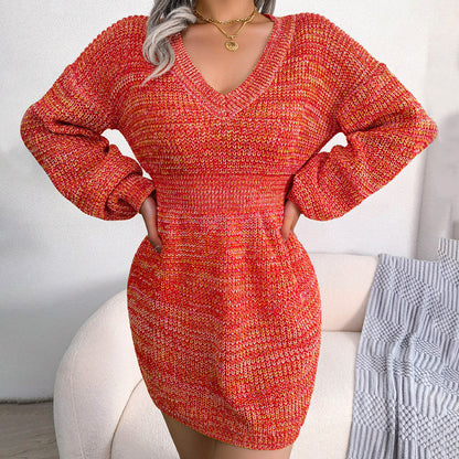 Women's Knitted Sweater Dress - V-Neck - Long Sleeve - Fitted Ribbed Design