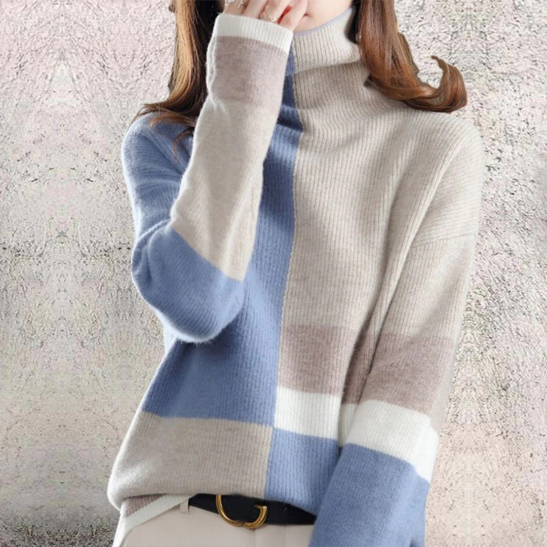 Women's color block high collar loose knitted sweater
