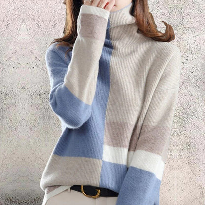 Women's color block high collar loose knitted sweater