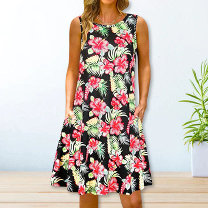 Women's A-Line Dress - Sleeveless Bohemian Paisley - Knee-Length with Pockets