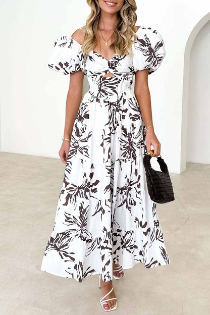Women's Off-Shoulder Maxi Dress - Floral Print - Puff Sleeve - Tiered A-Line Silhouette