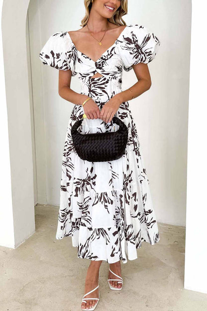 Women's Off-Shoulder Maxi Dress - Floral Print - Puff Sleeve - Tiered A-Line Silhouette