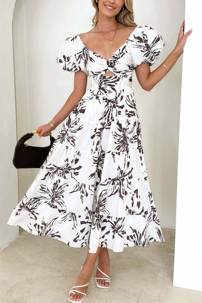 Women's Off-Shoulder Maxi Dress - Floral Print - Puff Sleeve - Tiered A-Line Silhouette