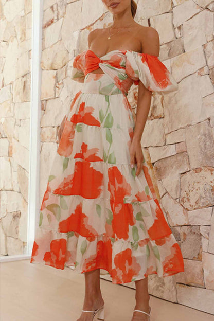 Women's Off-Shoulder Maxi Dress - Floral Print - Puff Sleeve - Tiered A-Line Silhouette