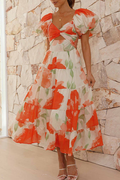 Women's Off-Shoulder Maxi Dress - Floral Print - Puff Sleeve - Tiered A-Line Silhouette