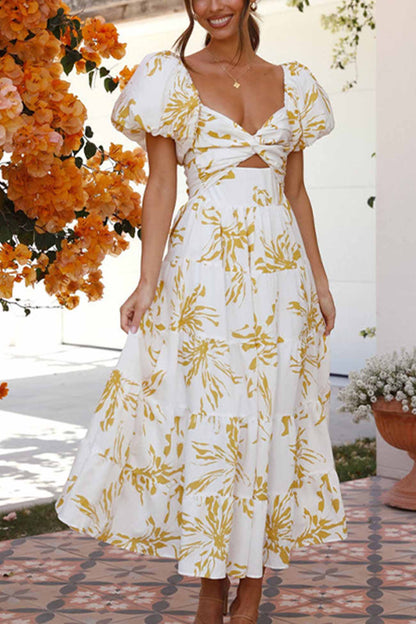 Women's Off-Shoulder Maxi Dress - Floral Print - Puff Sleeve - Tiered A-Line Silhouette