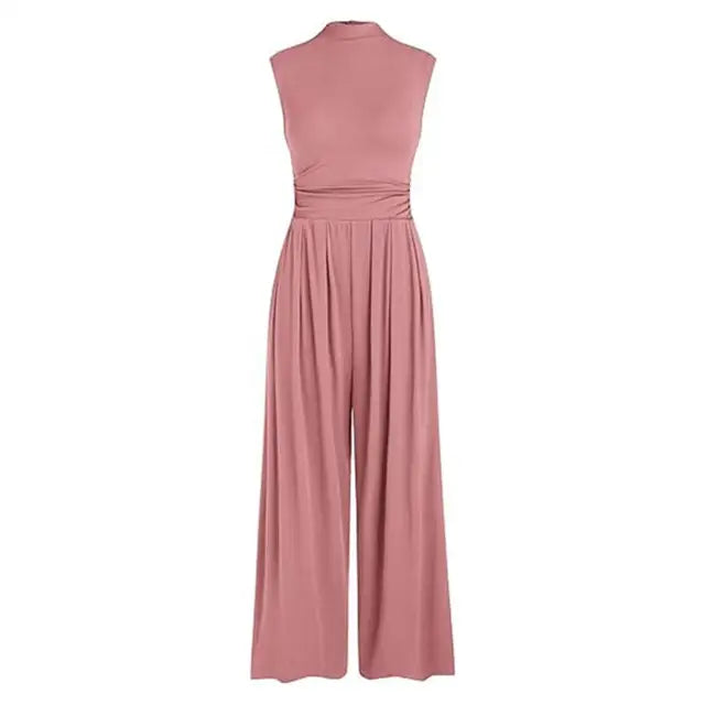 Women's Sleeveless Jumpsuit - High Neck - Wide Leg - Fitted Torso with Pockets