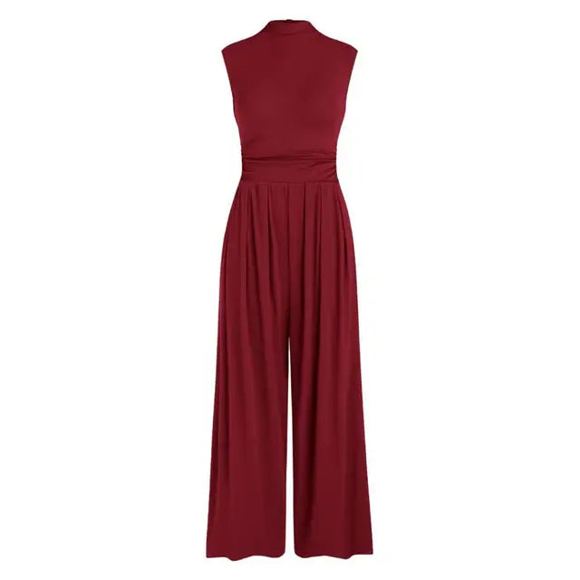 Women's Sleeveless Jumpsuit - High Neck - Wide Leg - Fitted Torso with Pockets