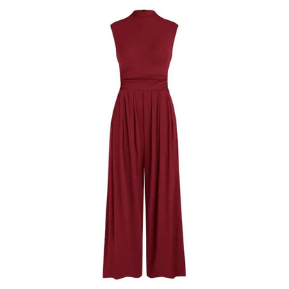 Women's Sleeveless Jumpsuit - High Neck - Wide Leg - Fitted Torso with Pockets