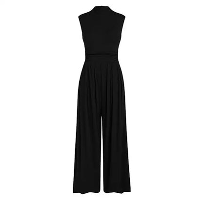 Women's Sleeveless Jumpsuit - High Neck - Wide Leg - Fitted Torso with Pockets