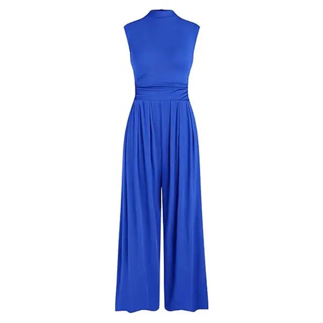 Women's Sleeveless Jumpsuit - High Neck - Wide Leg - Fitted Torso with Pockets