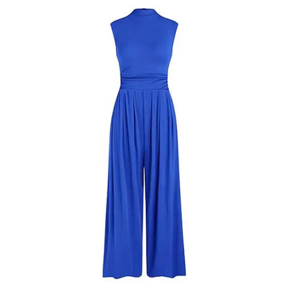 Women's Sleeveless Jumpsuit - High Neck - Wide Leg - Fitted Torso with Pockets