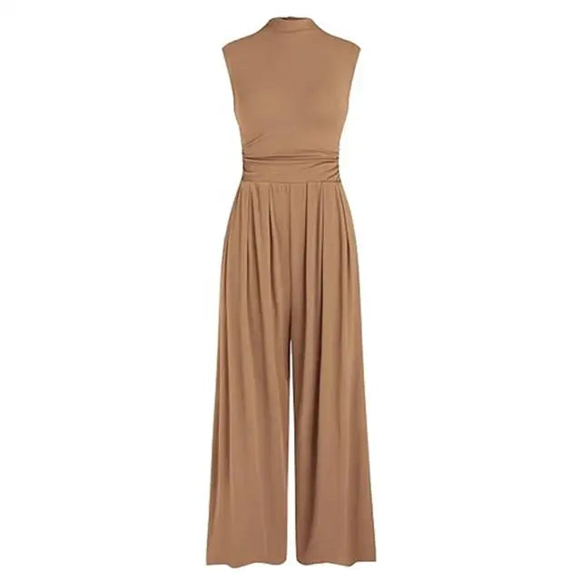 Women's Sleeveless Jumpsuit - High Neck - Wide Leg - Fitted Torso with Pockets