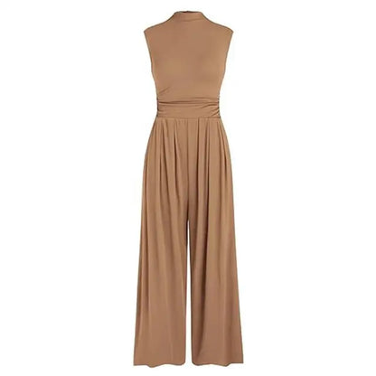 Women's Sleeveless Jumpsuit - High Neck - Wide Leg - Fitted Torso with Pockets